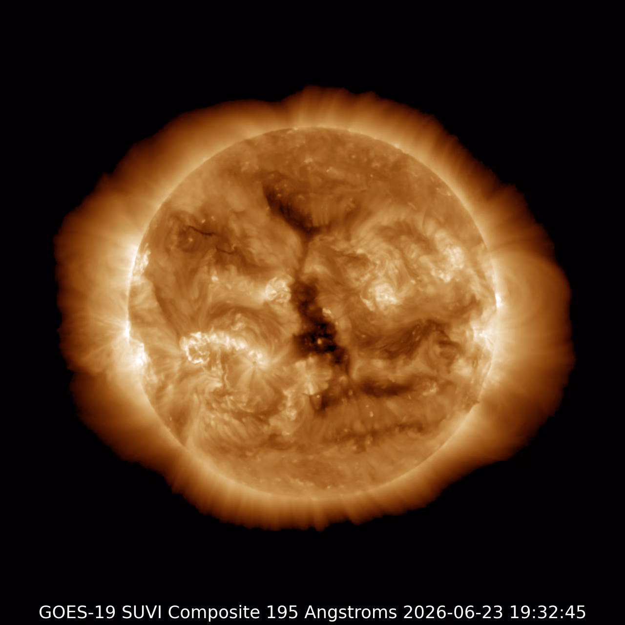 GOES SUVI 195 angstrom image of the Sun showing the dark coronal holes that feed the solar wind